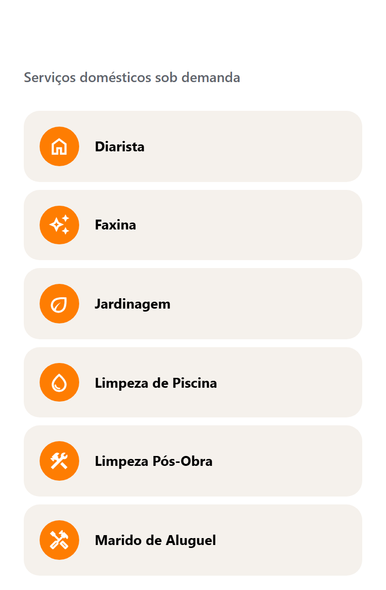 Tela inicial do FastZ com as categorias de serviço